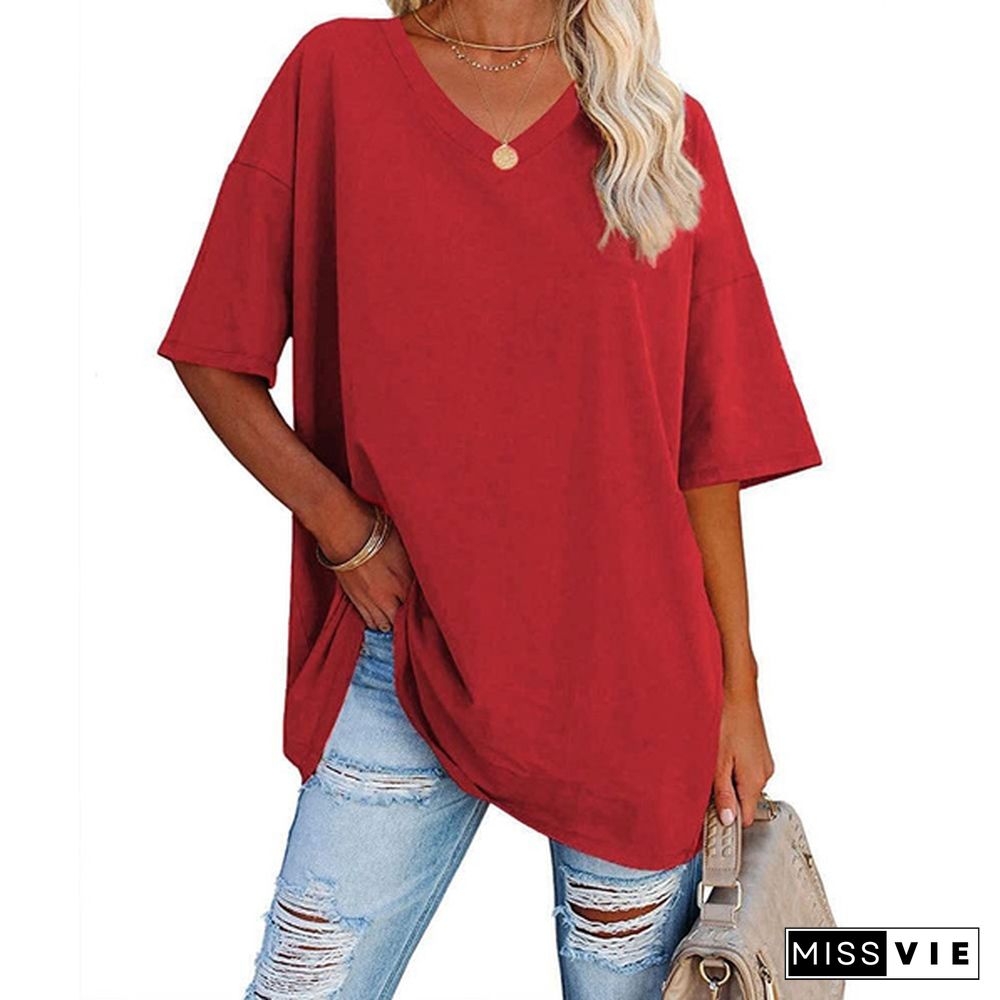 XS-8XL Spring Summer Tops Plus Size Fashion Clothes Women's Casual Short Sleeve Tee Shirts Ladies O-neck Blouses Solid Color Oversized Pullover Tops Half Sleeve Loose T-shirt Beach Wear Cotton T-shirt