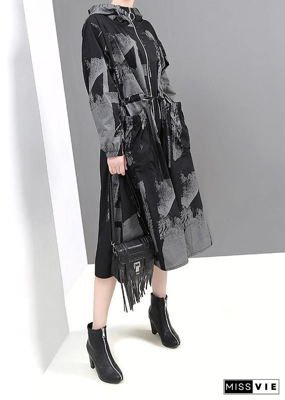 Chic black prints Fine outwear hooded tie waist jackets