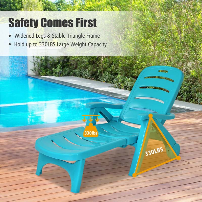 Rolling Folding Plastic Pool Lounge Chair with Armrests, 5-Position Outdoor Sun Lounger Patio Deck Chair Beach Chair