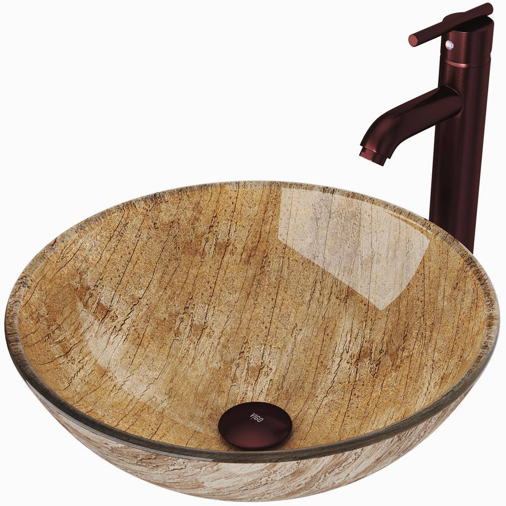 VIGO Glass Round Vessel Bathroom Sink in Wooden Brown with Seville Faucet and Pop-Up Drain in Oil Rubbed Bronze VGT172