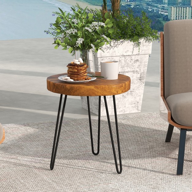 Tangkula 1pc 2pcs Solid Teak Wood Side Table Indoor Outdoor Round Side Table W Metal Legs Solid Wood Patio Table