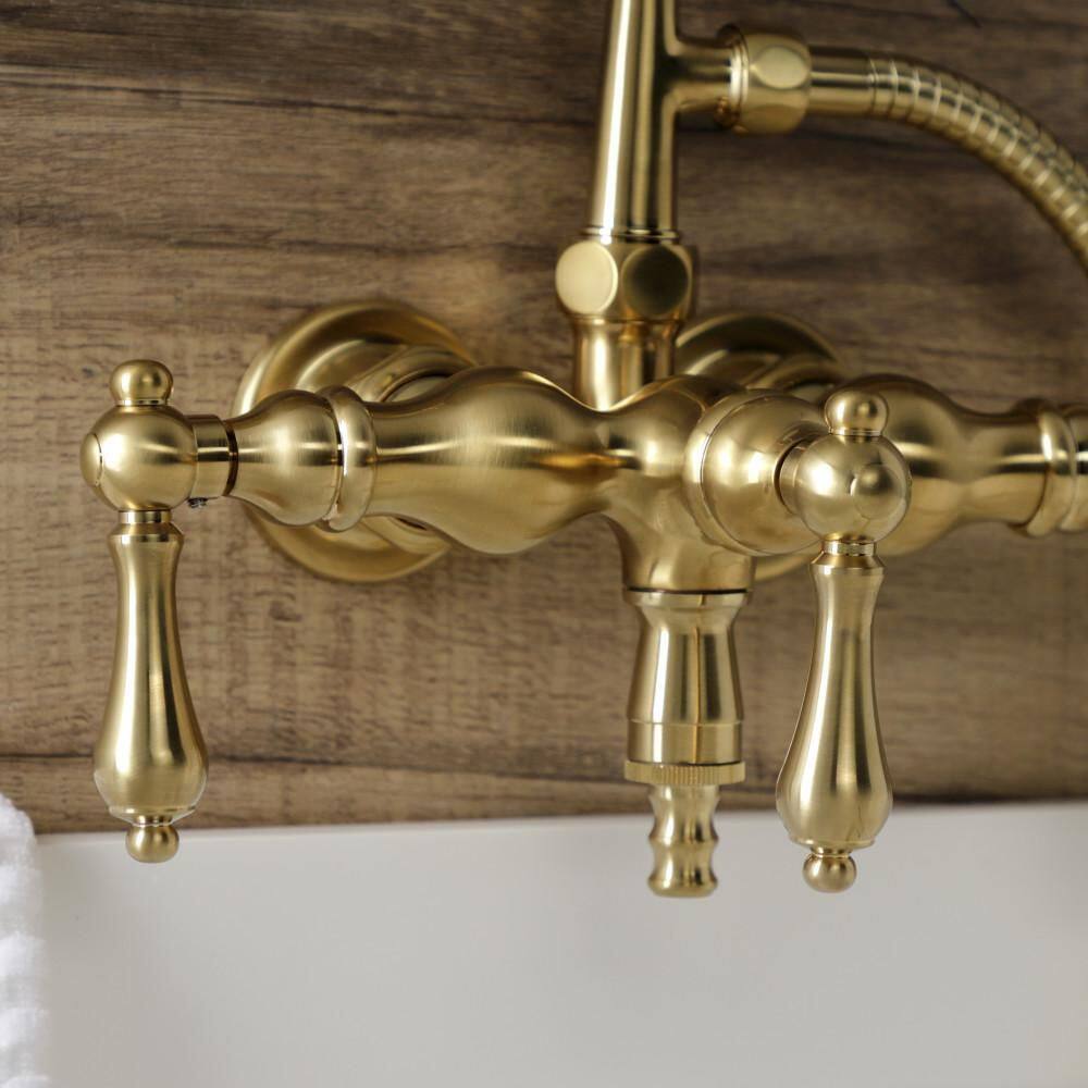 Kingston Brass Aqua Vintage 3-Handle Wall-Mount Clawfoot Tub Faucets with Hand Shower in Brushed Brass HAE19T7