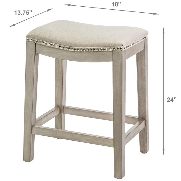 Set of 2 Bar Stools Beige 24 Saddle Backless Premium Padded Indoor/Outdoor Nailhead Cushion