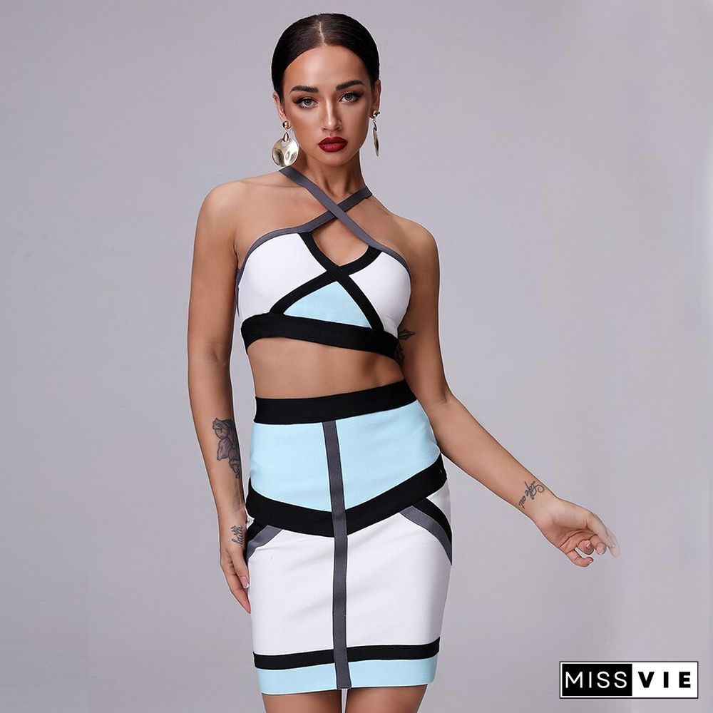 Summer New Women Color Blocked Halter Two-piece Set HL NEW Bandage Dress Celebrity Club Party Dresses Vestidos Wholesale