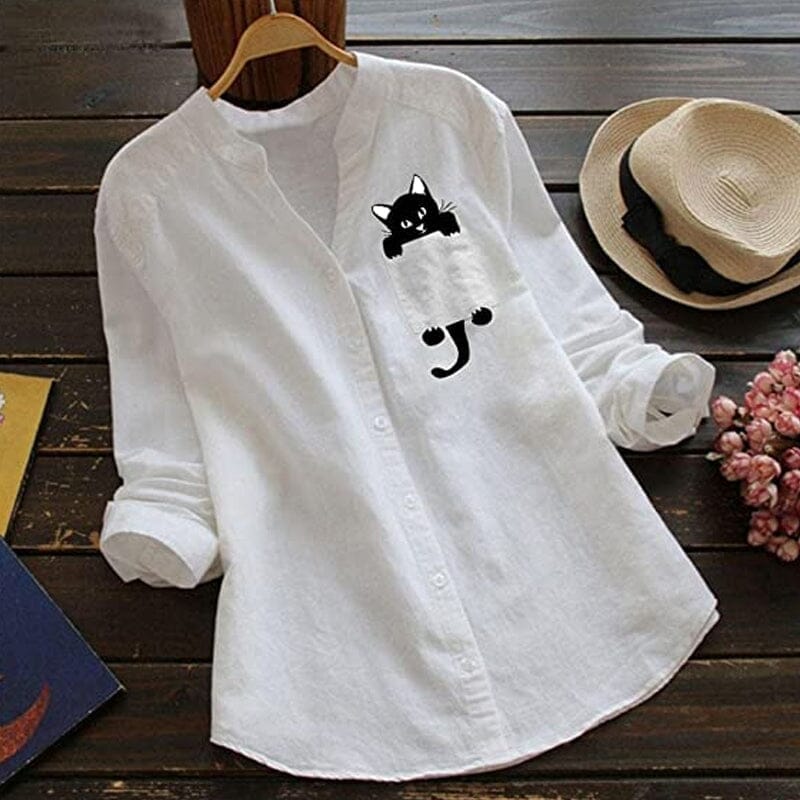 V-neck Cotton And Cat Print Long Sleeve Blouse