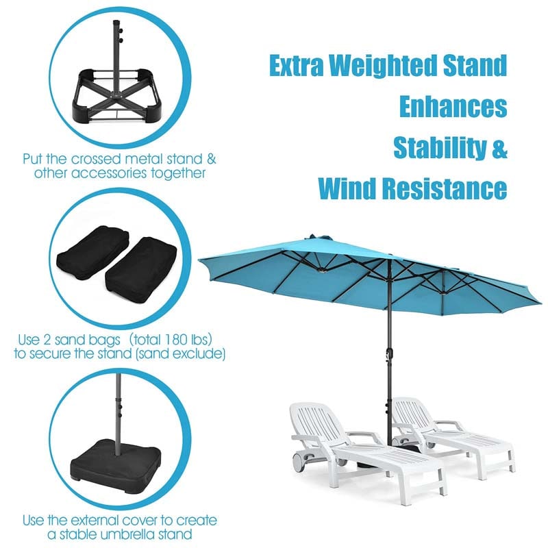 15FT Double-Sided Twin Patio Umbrella with Base & Crank System, Extra-Large Cantilever Market Umbrella