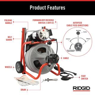 RIDGID K-400 AutoFeed Drain Cleaning Snake Auger 120-Volt Drum Machine and C-32IW 38 in. x 75 ft. Cable + Tool Set  Gloves 27008