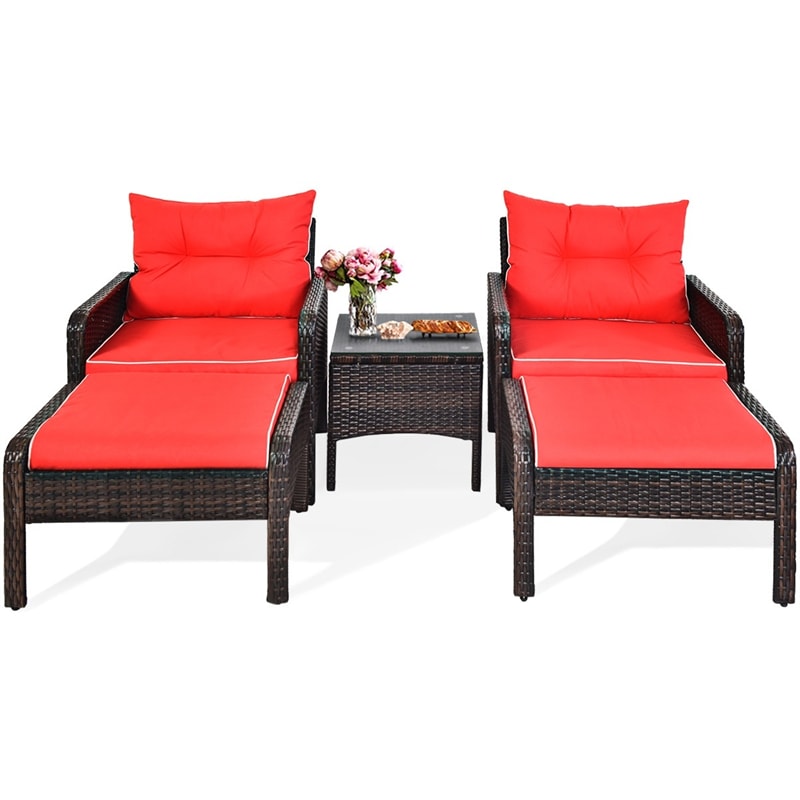 5 Pcs Rattan Patio Conversation Sets with Ottomans & Coffee Table, Wicker Outdoor Bistro Set