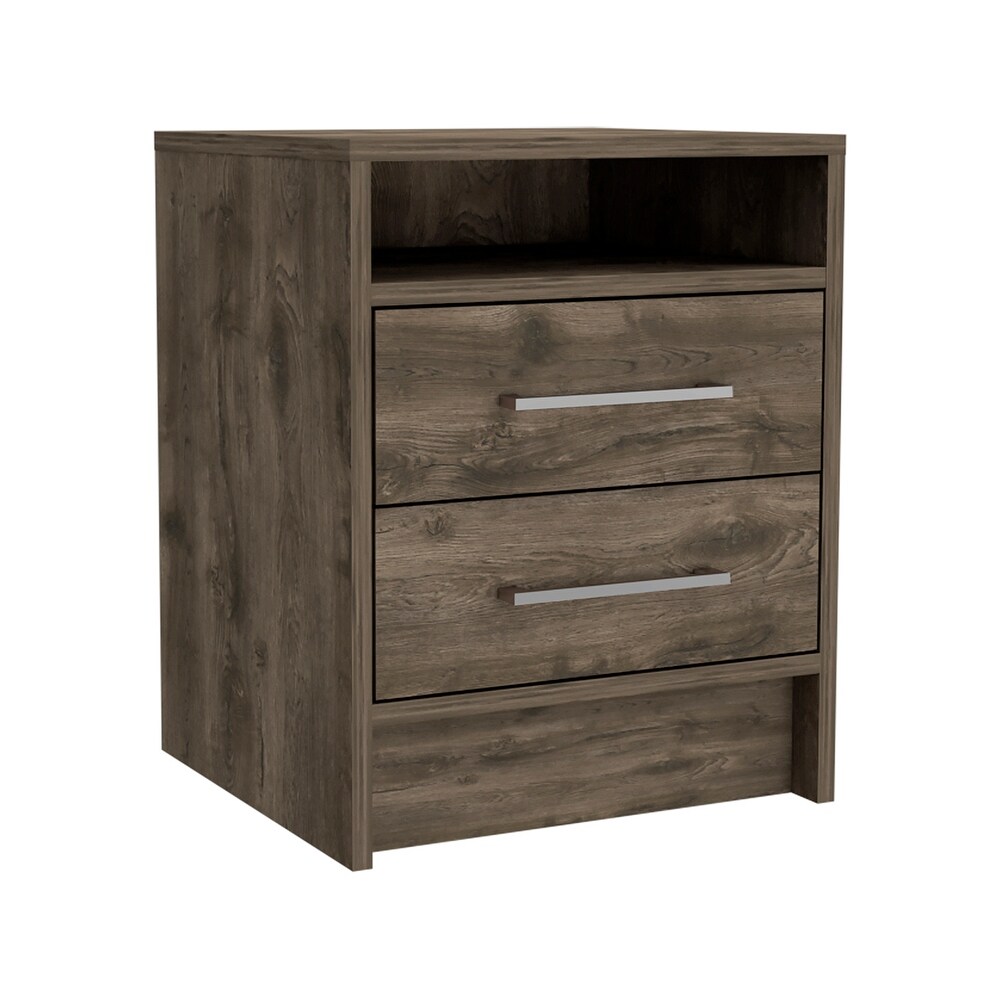Wooden Nightstand with Two Drawers and Metal Handles