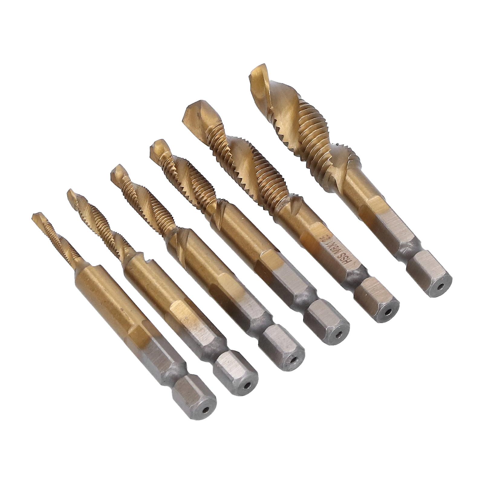 6pcs Combination Drill Tap Bit 1/4in Hex Shank Spiral Tapping Chamfering Drilling Bits M3m10