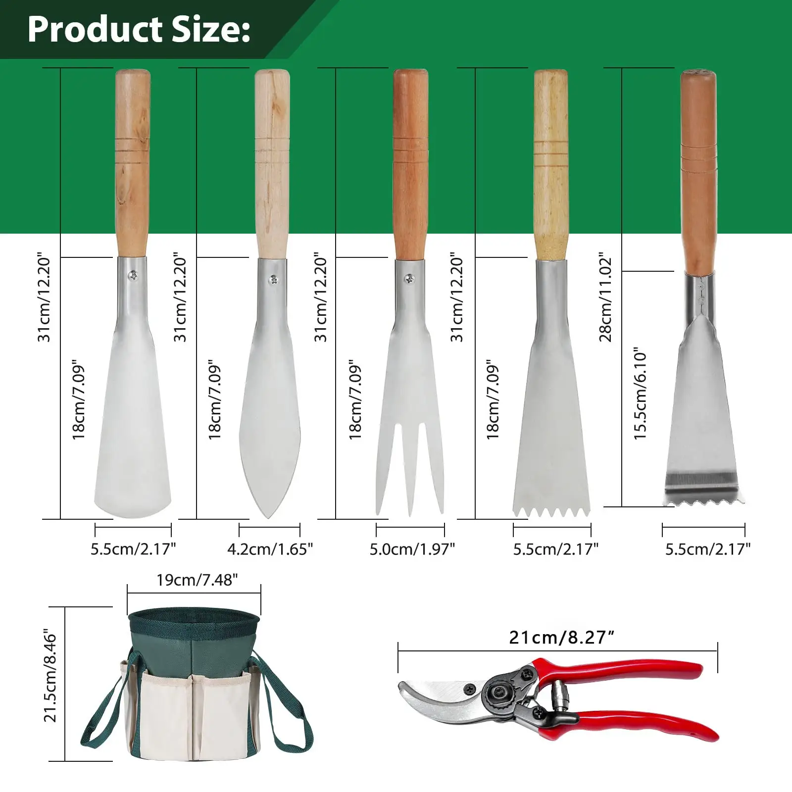 7 Piece Stainless Steel Heavy Duty Gardening Tools Set Wood Handle Gardening Hand Tools kit Garden Tool Set with Bag