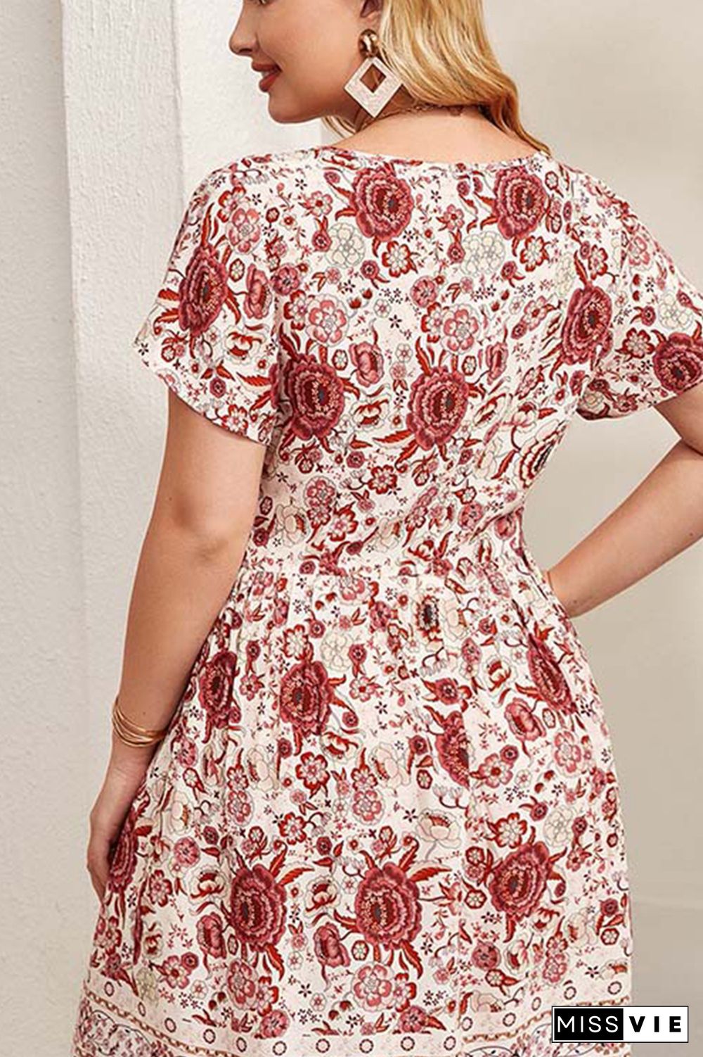 Button Down Floral Print Short Sleeves Plus Size Dress