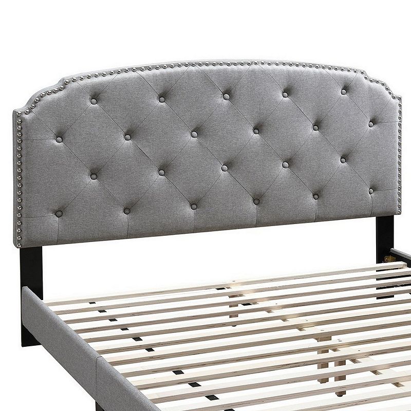 Queen Bed with Button Tufted Scalloped Headboard， Light Gray