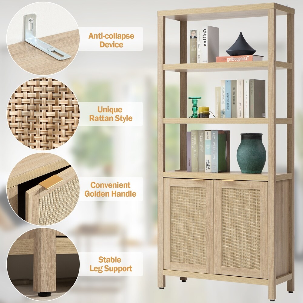 SICOTAS 5 Tier Adjustable Bookshelf with Rattan Storage Cabinet