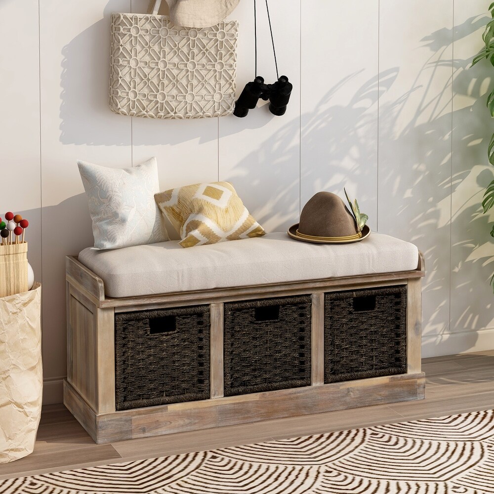 Rustic Bench with 3 Removable Classic Rattan Basket Storage Bench