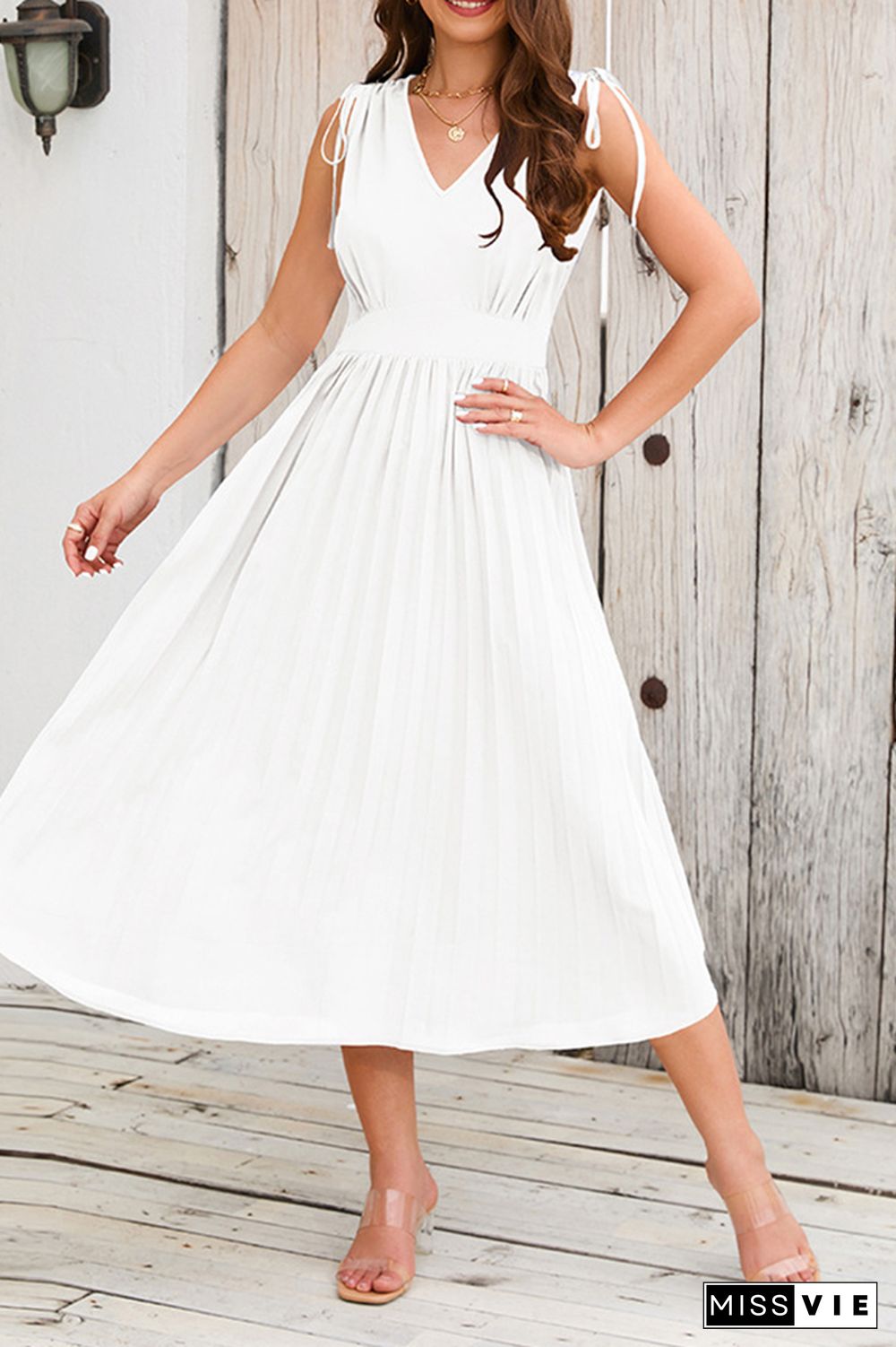 V Neck High Waist Ruched Neck Pleated Midi Dress