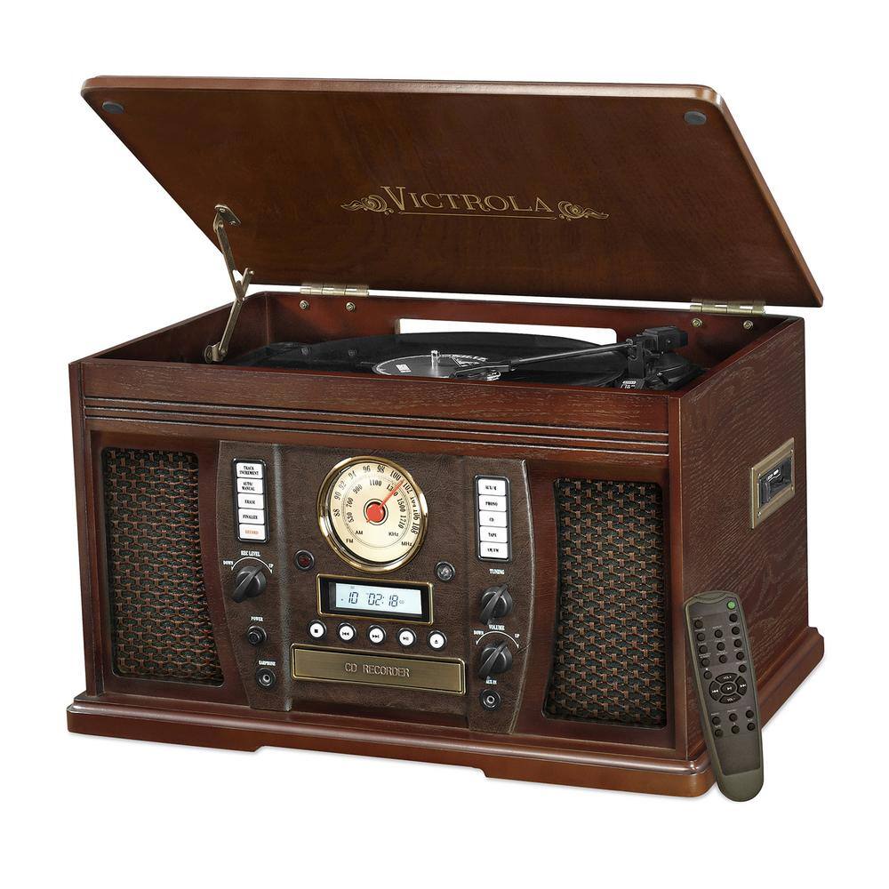 Victrola Wood 8-in-1 Nostalgic Bluetooth Record Player with CD Encoding and 3-Speed Turntable in Espresso VTA-750B-ESP