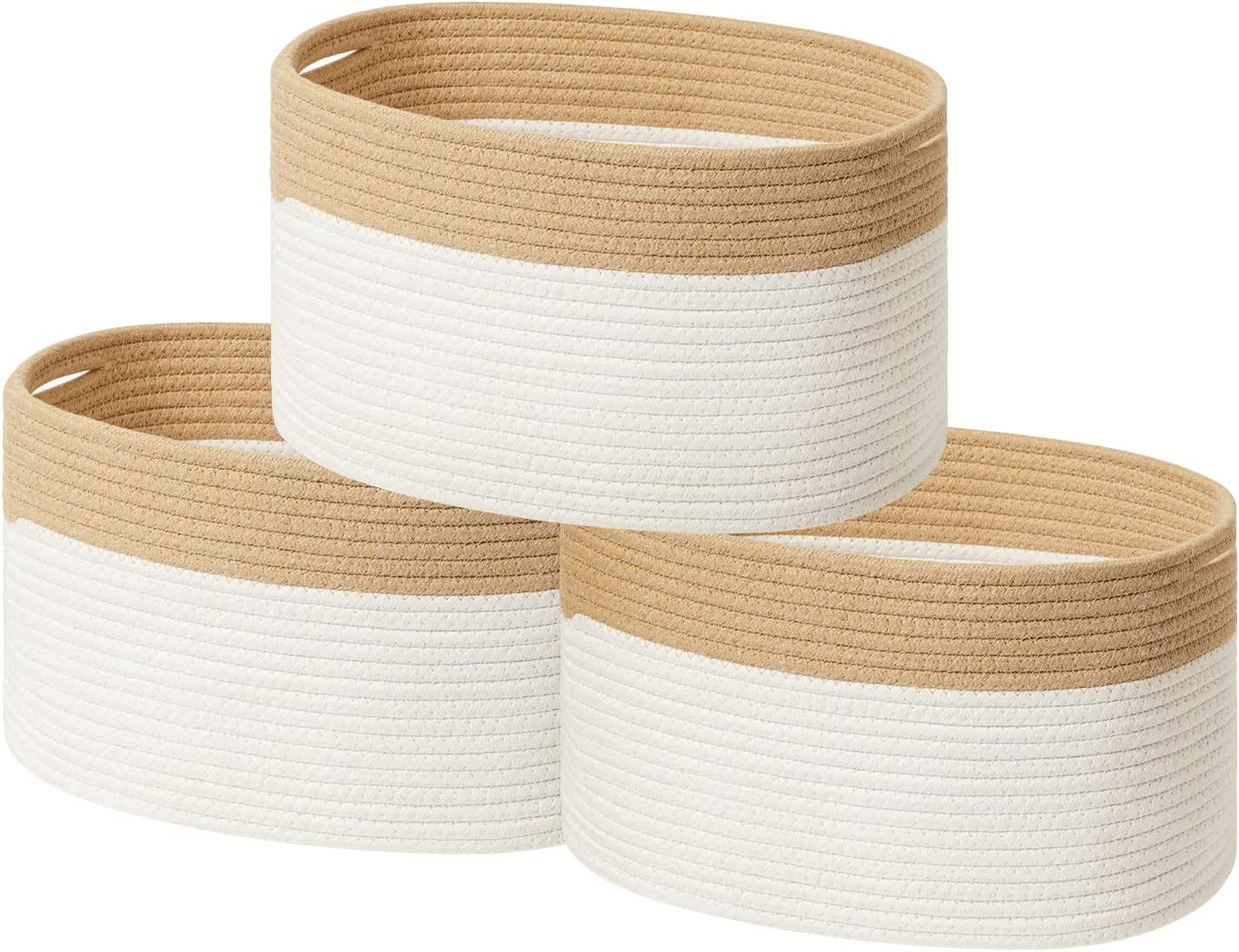 HBlife Cotton Rope Baskets - Woven Baskets for Storage - Durable Storage Baskets for Organizing with Handles - Set of 3 - Brown/White