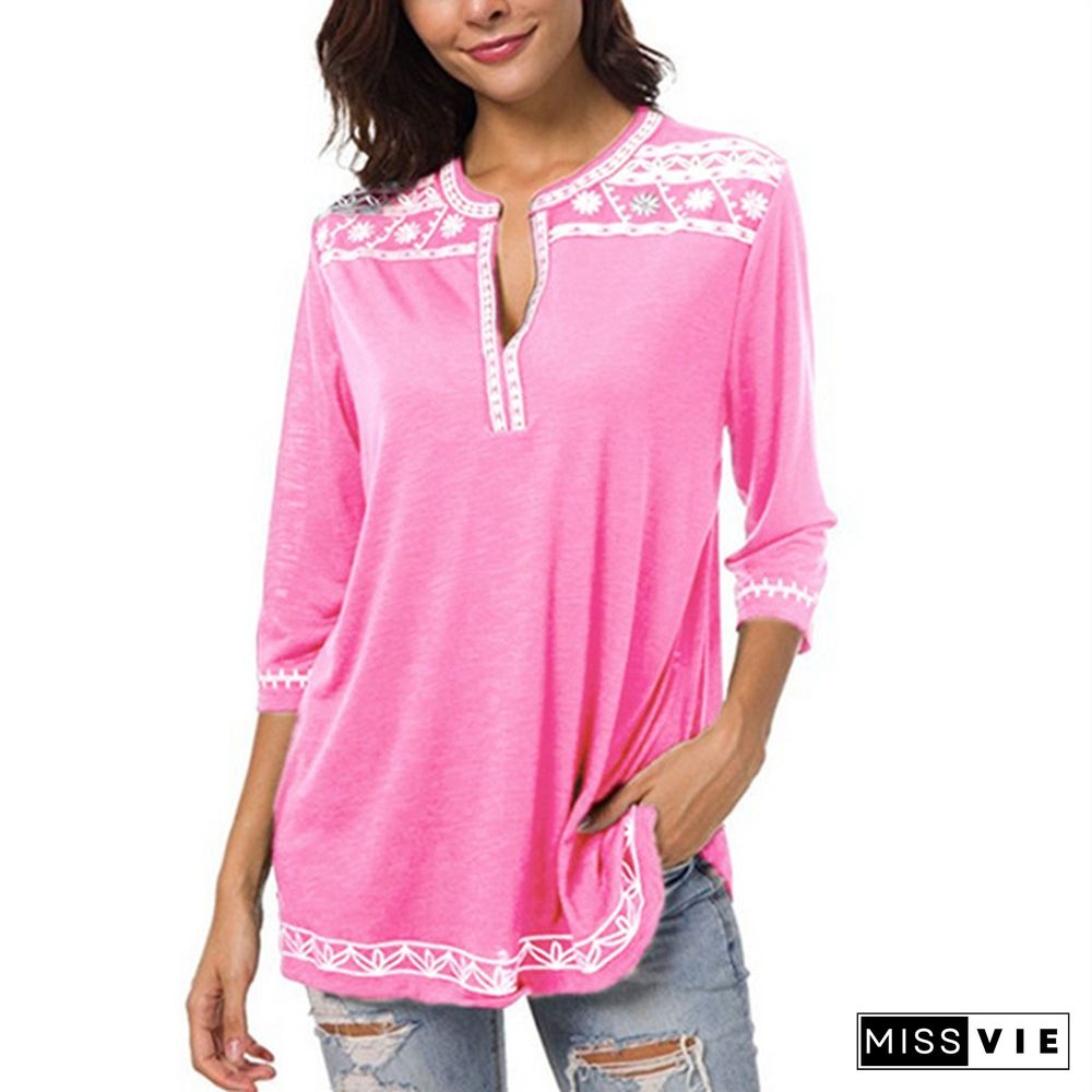 Women's V-neck Printed T-shirt Spring and Autumn Casual Nine-Sleeve Pullover Ladies Elegant Top