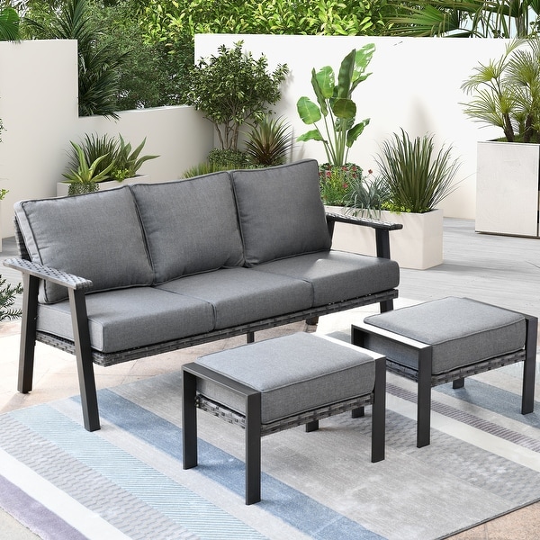 OVIOS Outdoor 3piece Wicker Sectional Sofa Set With Ottoman Steel Frame