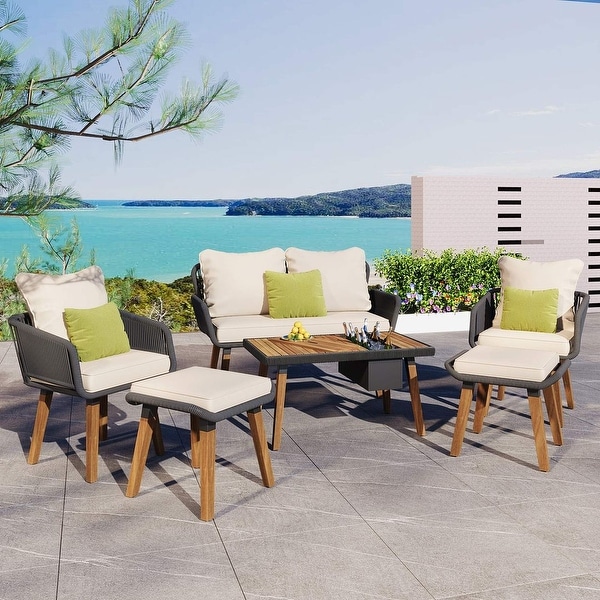 6 PCS Rope Outdoor Patio Furniture Set for 6 with Two Stools，Cool Bar Table Combo