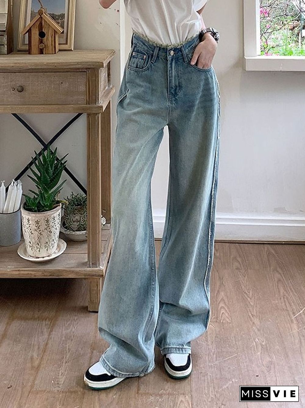 High-rise Frayed Wide-leg Jeans