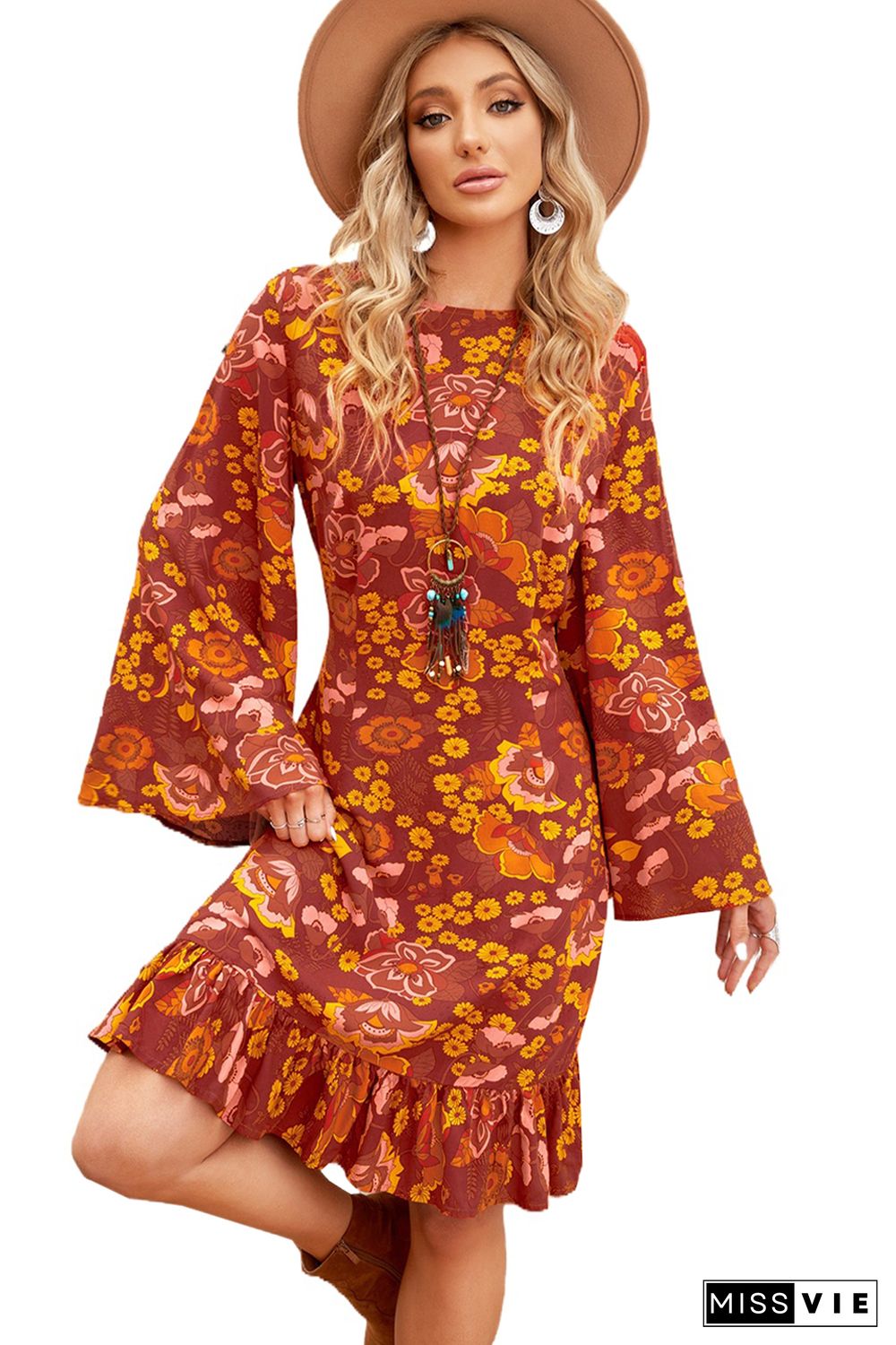 Boho Floral Print Ruffled Long Sleeve Mini Dress