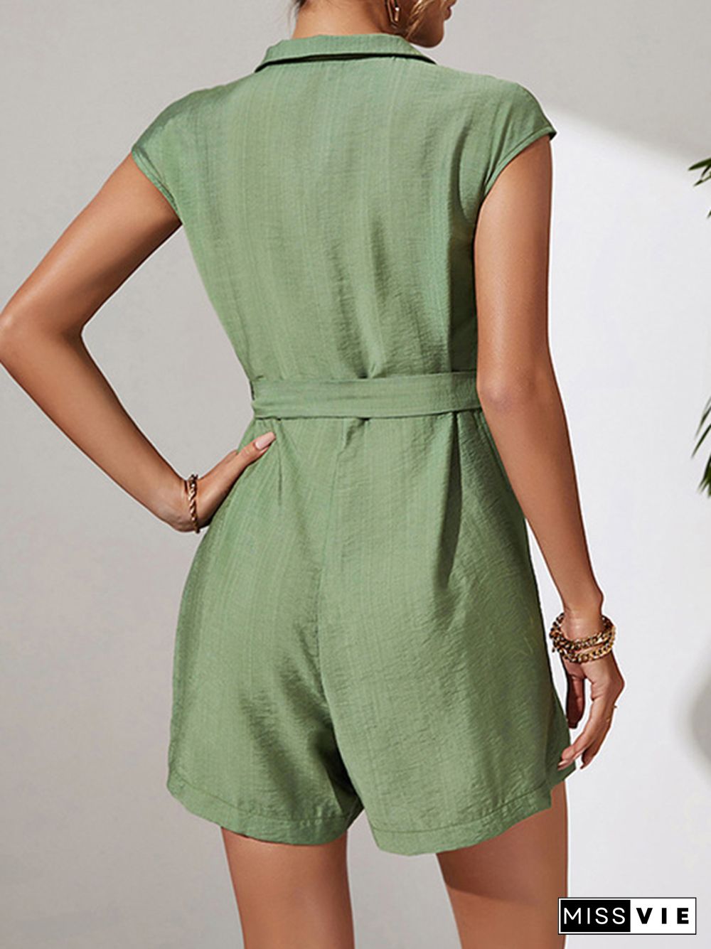 Short Sleeves Solid Color Zipper Lapel Collar Rompers