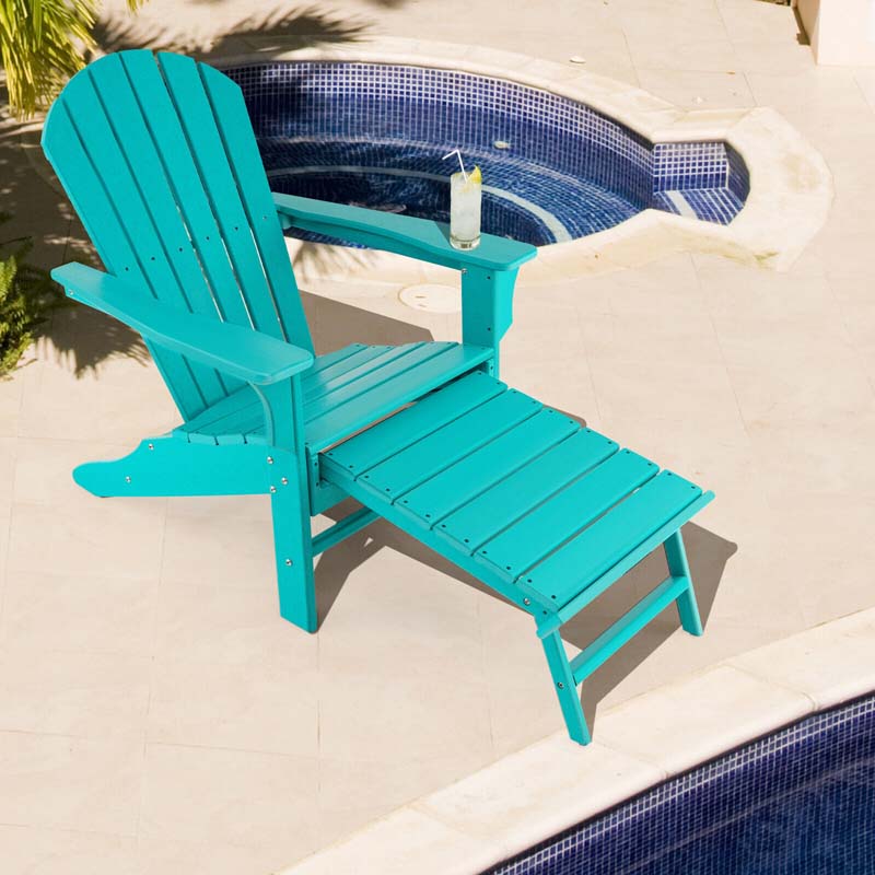 HDPE Adirondack Chair with Retractable Ottoman, Outdoor Chaise Lounge Chair for Lawn Pool Deck