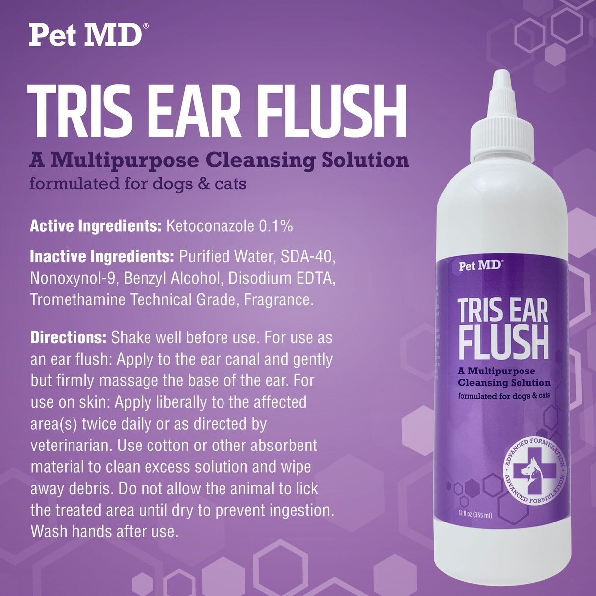 Pet MD Tris Flush Dog and Cat Ear Cleaner， 12-oz bottle