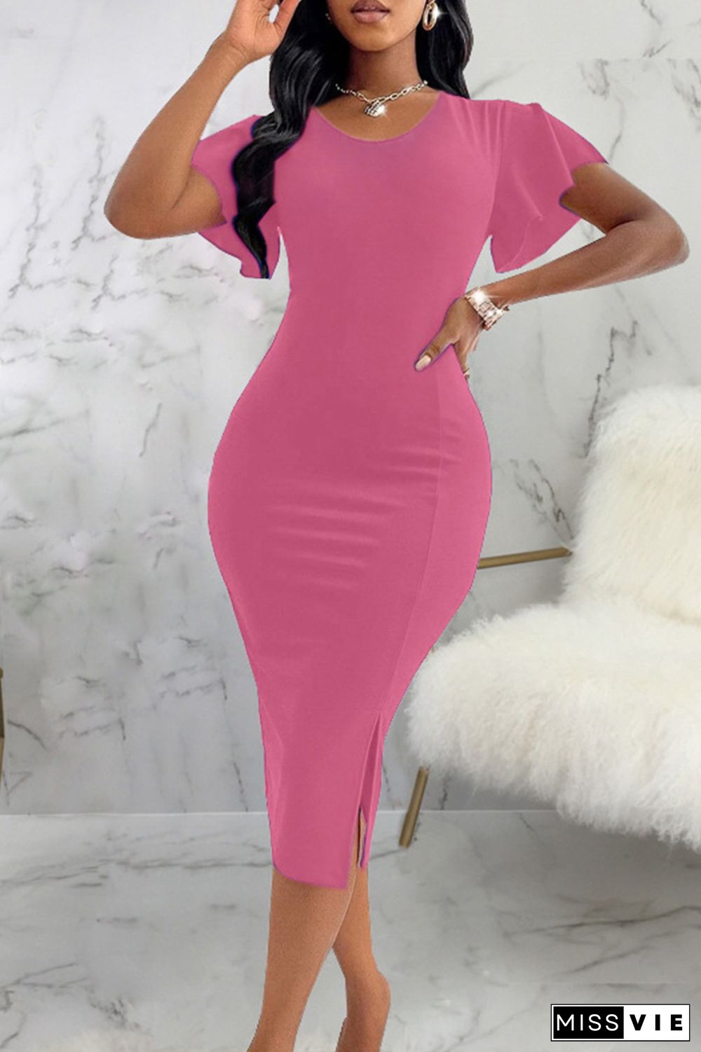 Elegant Solid Patchwork Slit Zipper O Neck Wrapped Skirt Dresses