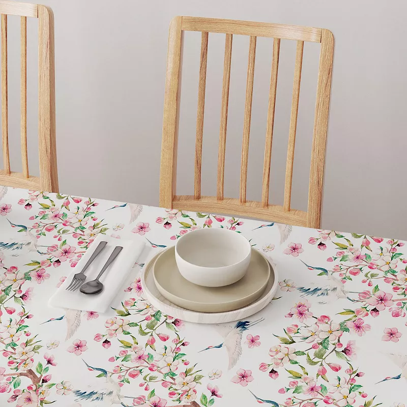 Rectangular Tablecloth， 100% Cotton， 60x104， Cranes and Pink Flowers