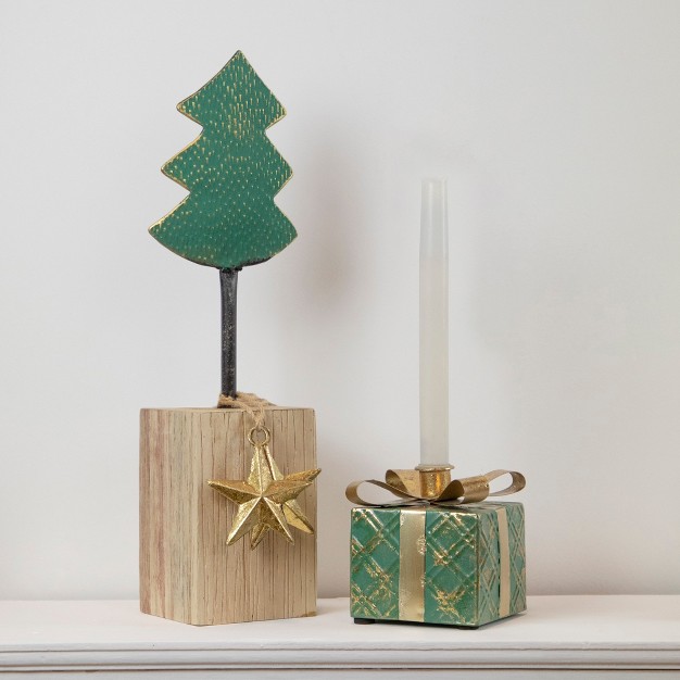 Green Metal Tree In Chunky Wood Base Christmas Decor