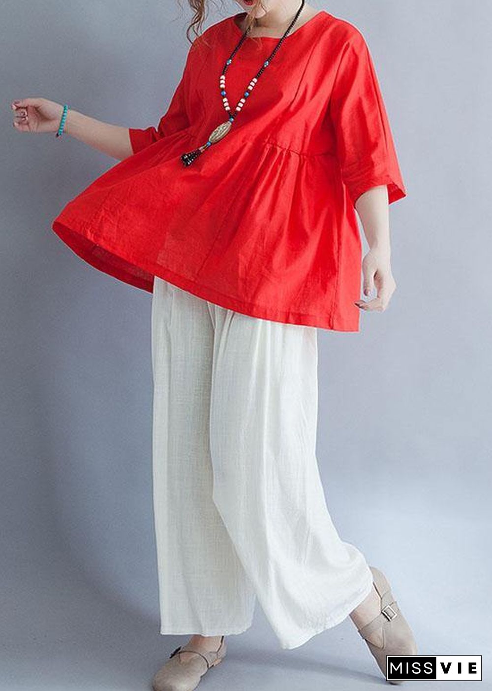 Modern half sleeve cotton shirts women red tunic blouses summer