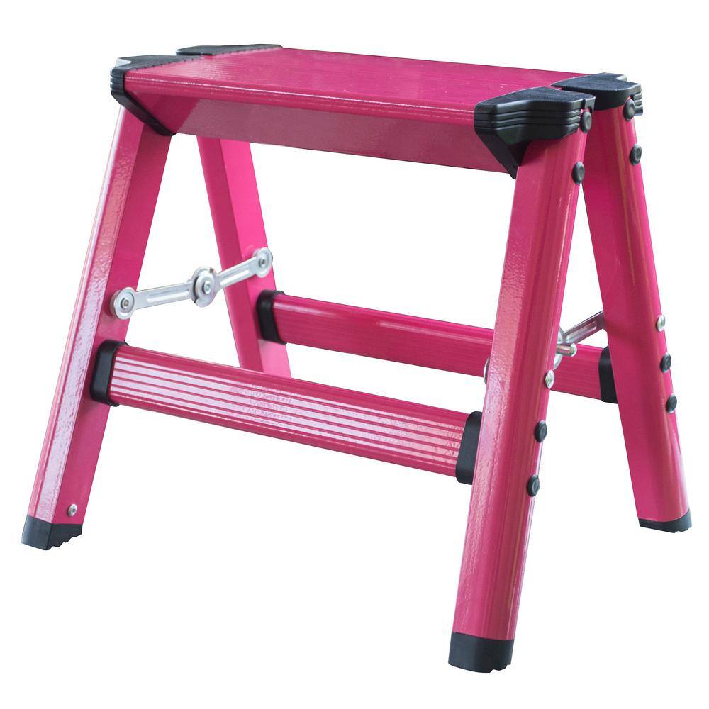 AmeriHome 1-Step Aluminum Folding Stool with 330 lbs. Load Capacity in Neon Pink (2-Pack) 804751