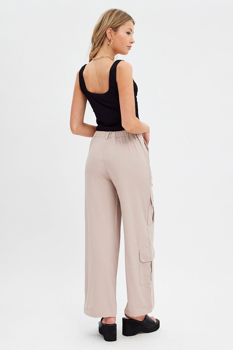 Beige Wide Leg Pants Cargo Pockets