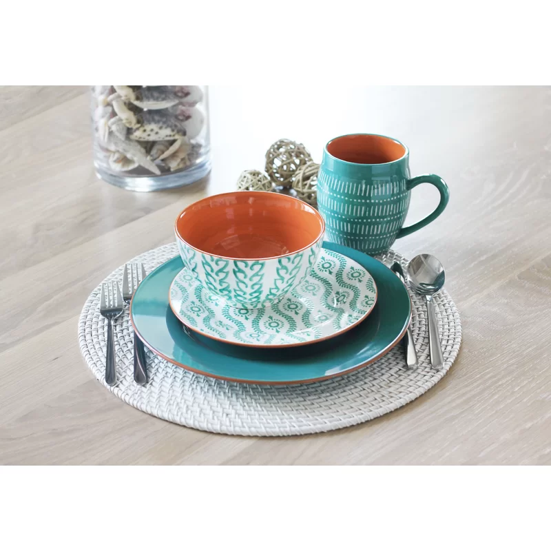 BAUM Essex - Dinnerware Sets， 16 Piece Dish Set for 4， Beautiful Home Decor includes Dinner Plates， Salad Plates， Bowls， and Mugs (Sahara Turquoise) (TTANGT16)