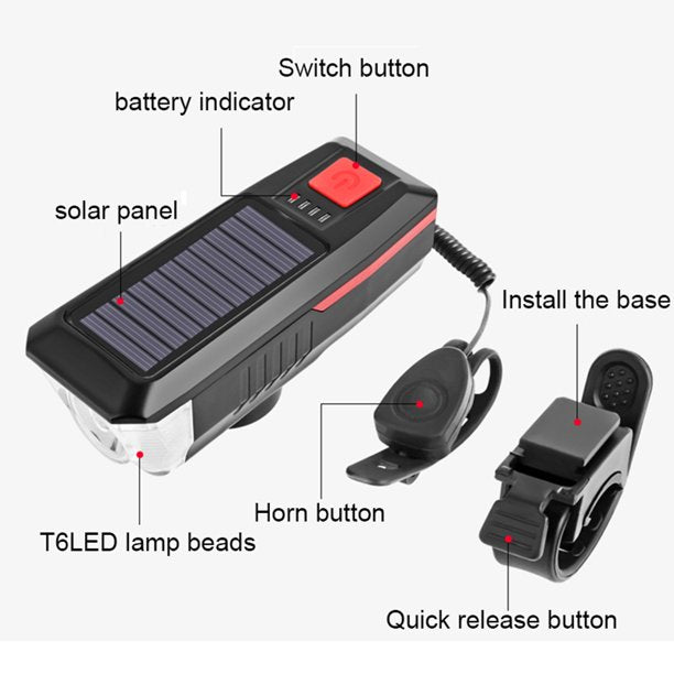 USB Rechargeable Bike Light， Solar Power LED Bike Headlight and Taillight Set Super Bright Bicycle Light Waterproof Safety Flashlight with Horn for Riding Hiking Camp Cycling Mountain Street Road