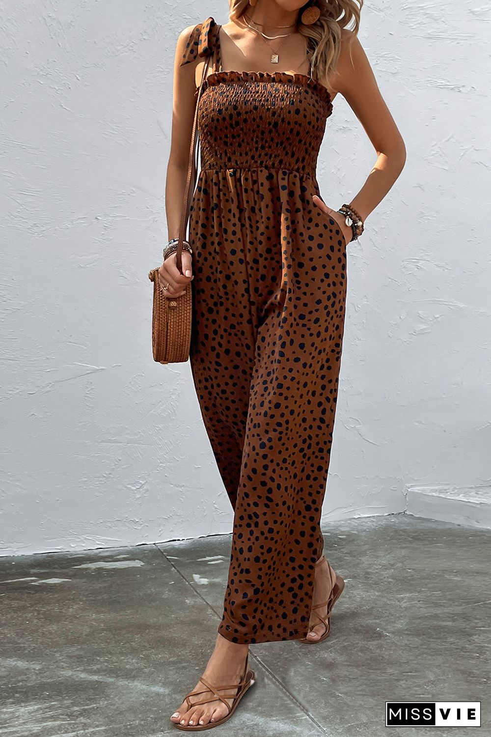 Brown Cheetah Print Smocked Wide Leg Jumpsuit