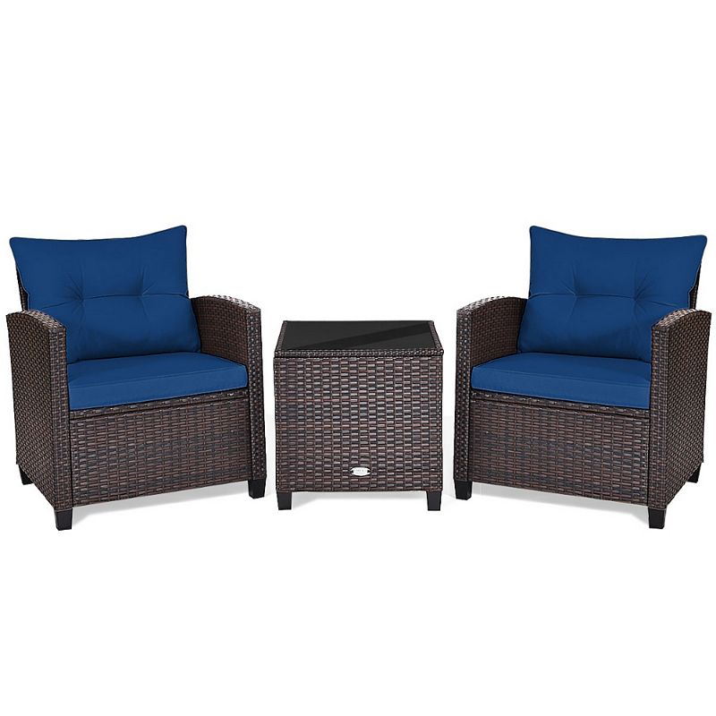 3 Pcs Patio Rattan Furniture Set Cushioned Conversation Set Coffee Table