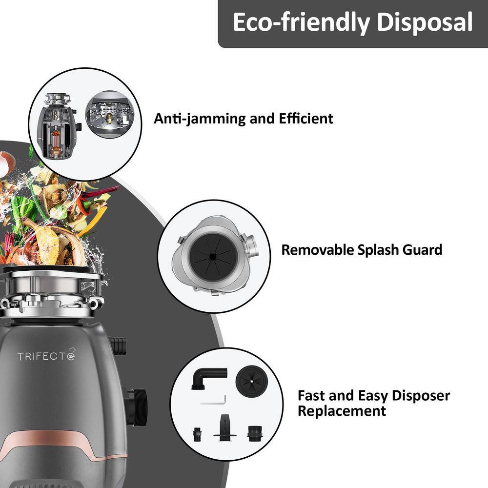 Trifecte Blender 34 HP Continuous Feed Gray Garbage Disposal with Sound Reduction and Power Cord Kit TRI-CGMD-65