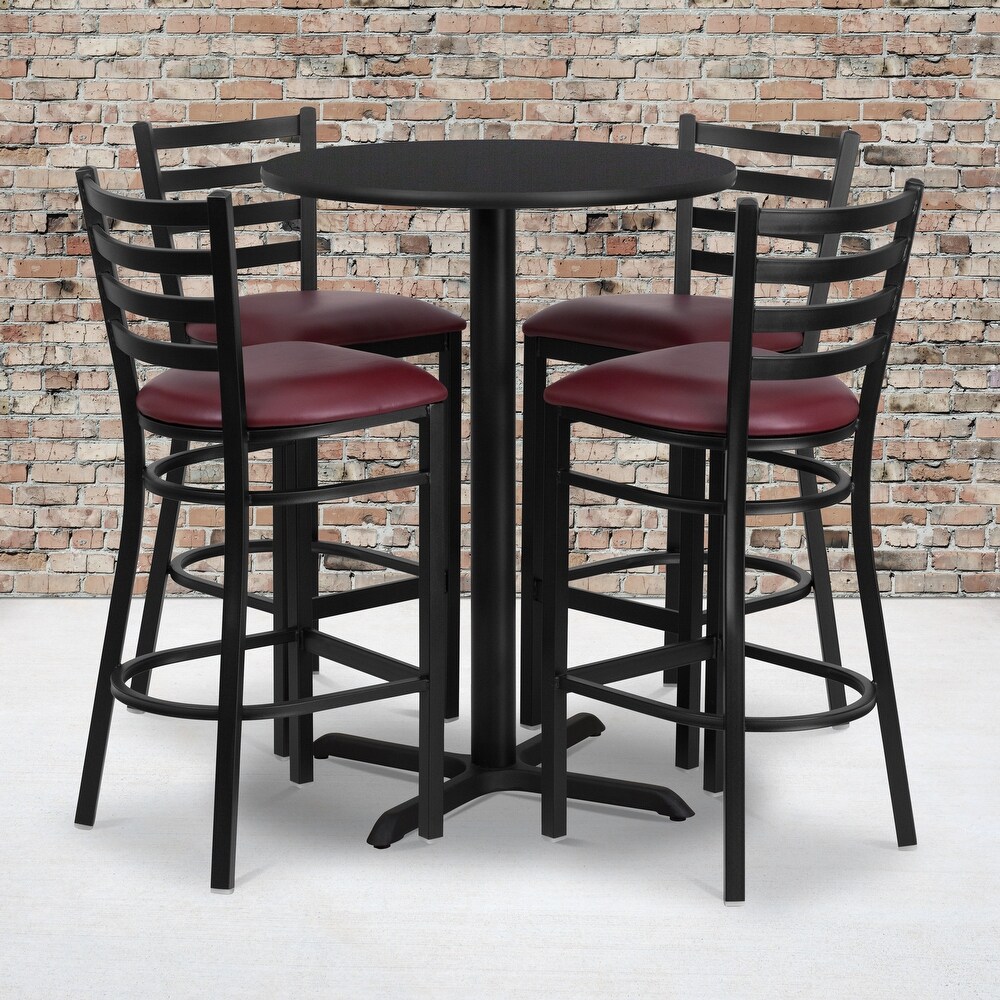 30'' Round Laminate Table Set with X Base and 4 Ladder Back Metal Barstools