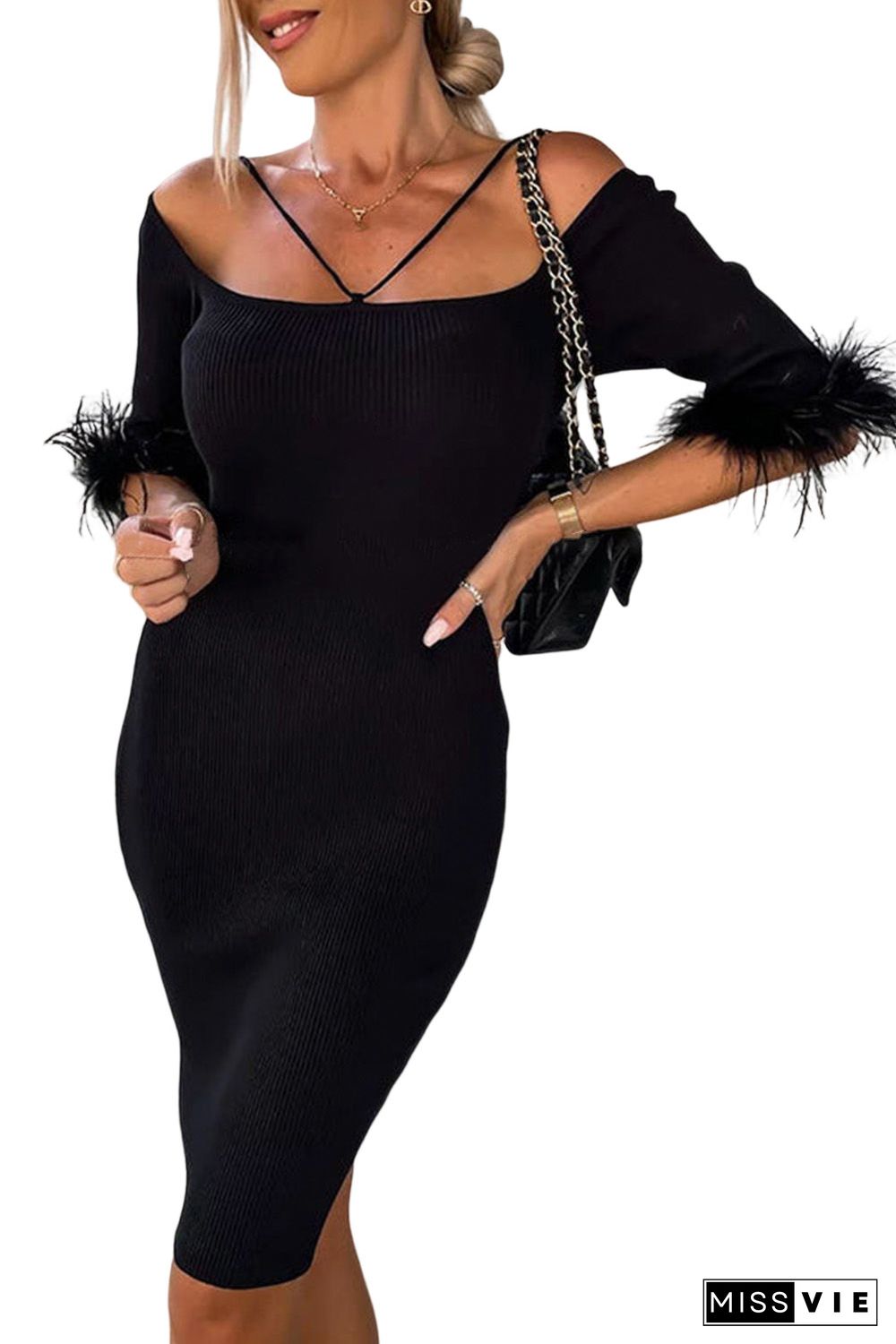 Black Ribbed Off Shoulder Feather Cuff Bodycon Dress