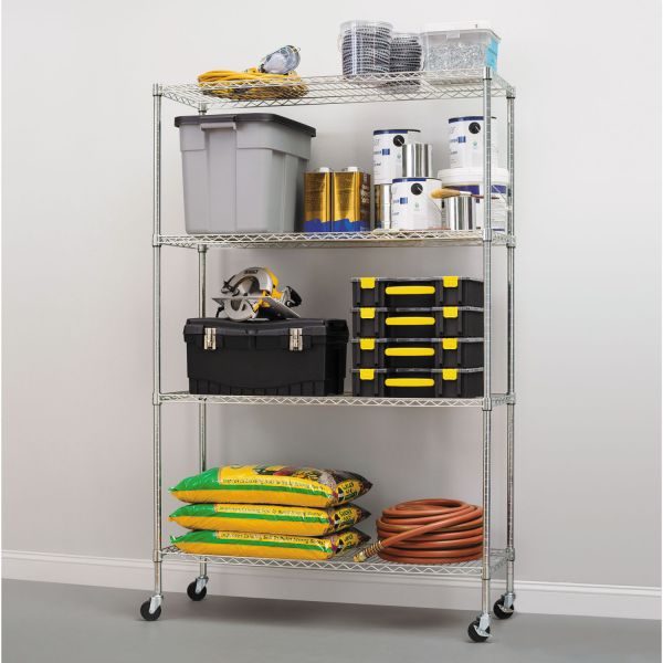 Alera NSF Certified 4-Shelf Wire Shelving Kit with Casters， 48w x 18d x 72h， Silver