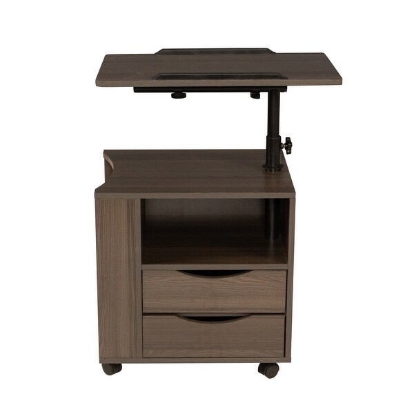 Height Adjustable Overbed End Table Wooden Nightstand with Swivel Top， Storage Drawers， Wheels and Open Shel - - 37955956