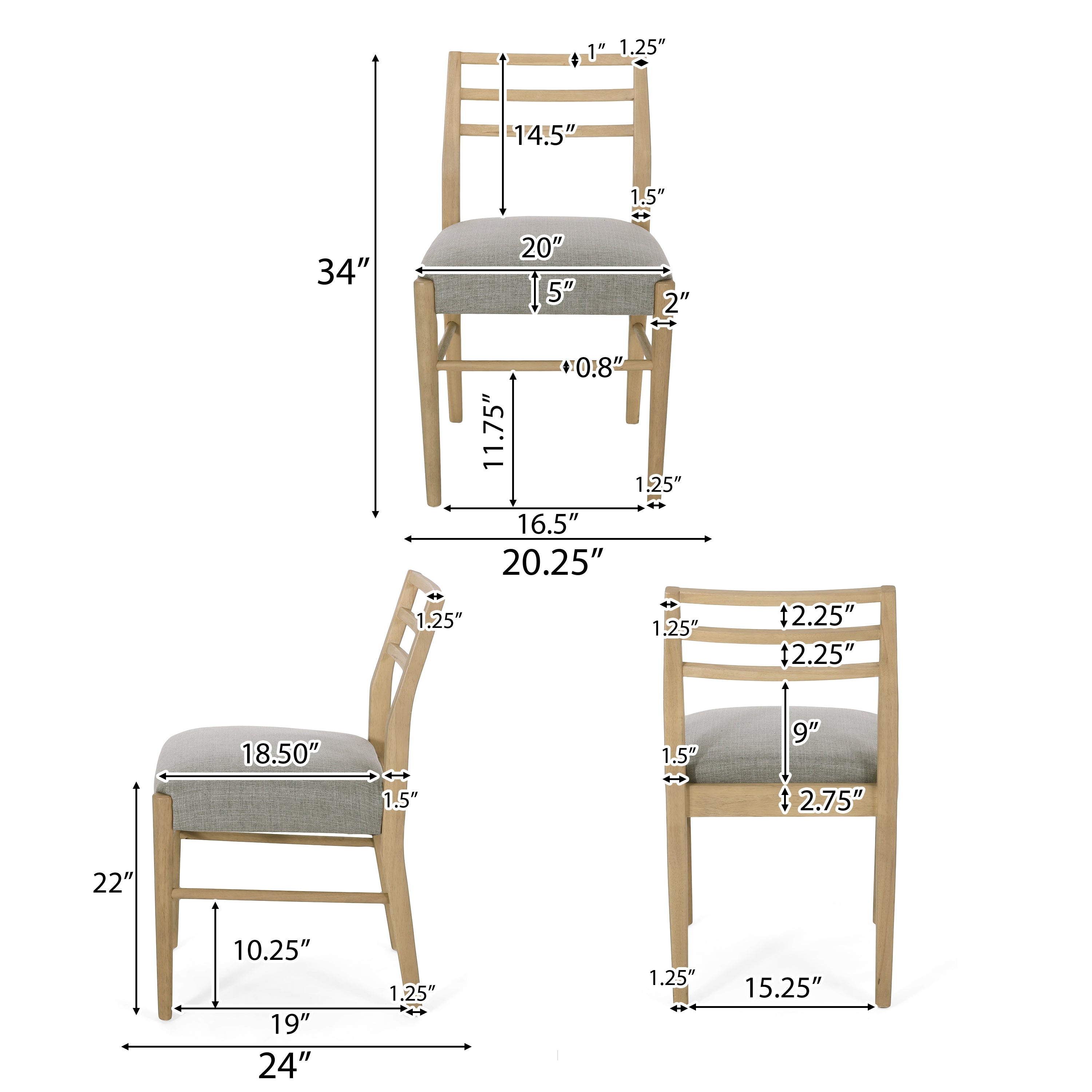 Felly Farmhouse Fabric Upholstered Wood Dining Chairs, Set of 2