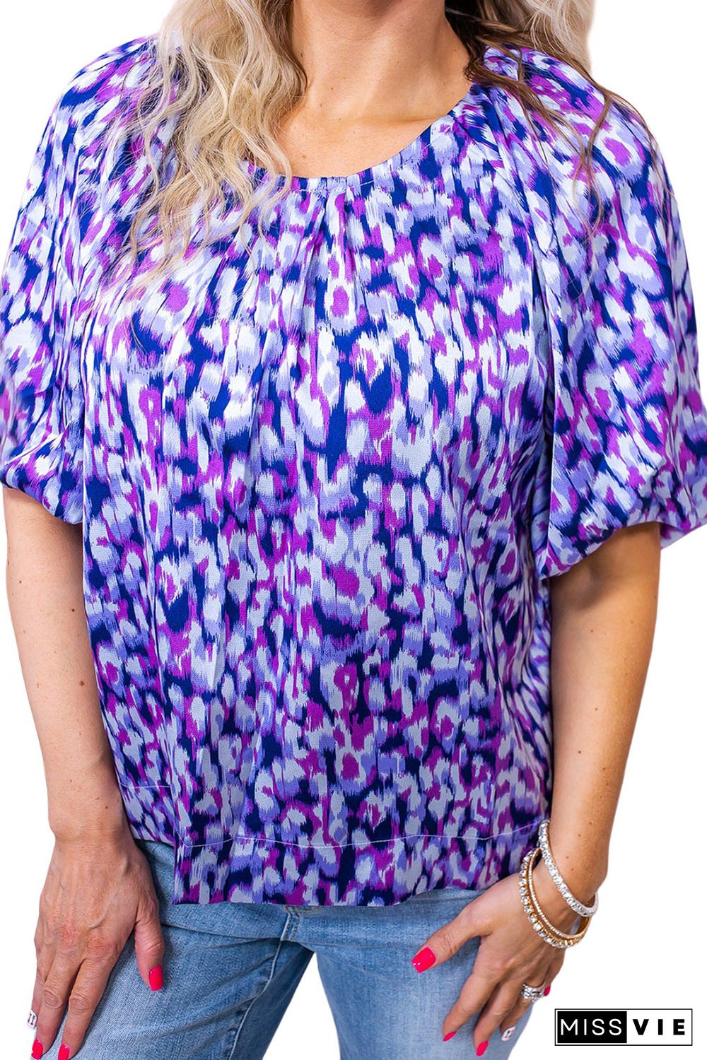 Purple Plus Size Printed Round Neck Bubble Sleeve Blouse