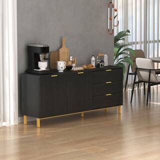 FUFUGAGA 62.9 in. W Black Paint Sideboard Kitchen Buffet Cupboard with Drawers and Shelves Metal Legs KF200156-01-cc