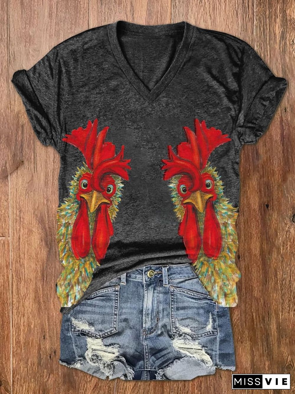 Women's Chicken Print V-Neck Short Sleeve T-Shirt