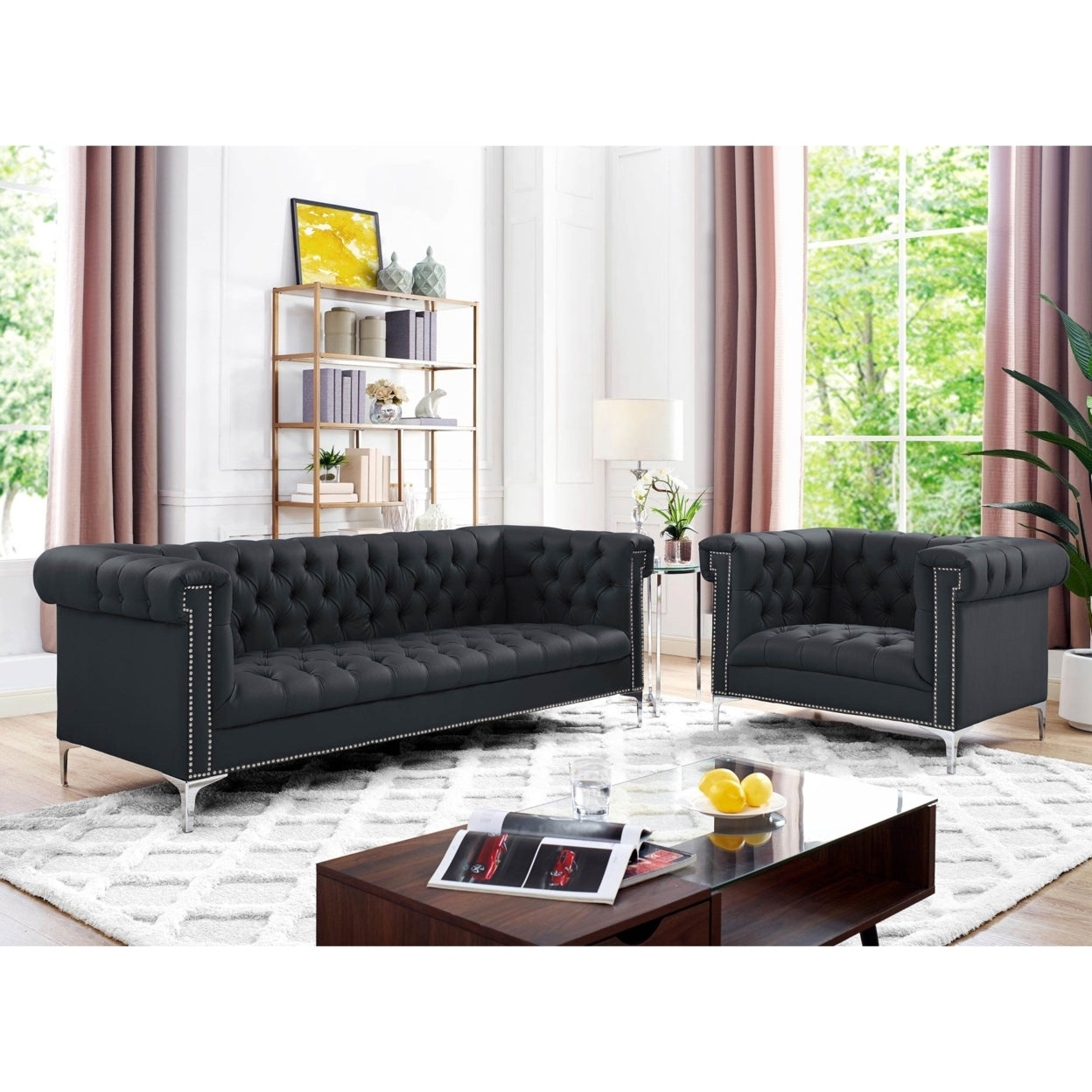 Steffi Leather Chesterfield Sofa-Silver Metal Legs-Button Tufted-Nailhead Trim-Modern-Livingroom-Inspired Home